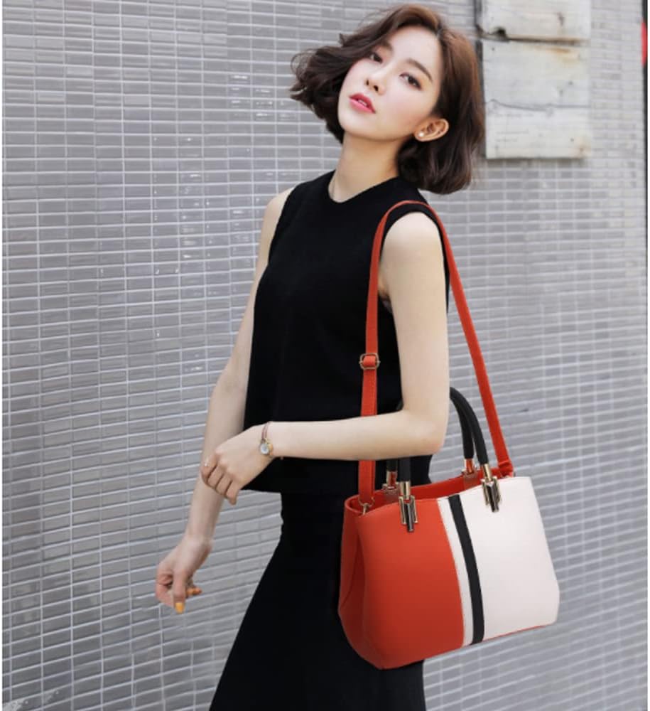 Downupdown Womens Handbags Faux Leather Satchel Contrast Color Patchwork Tote Bag Top Handle Purse Crossbody Bag Shoulder Bag
