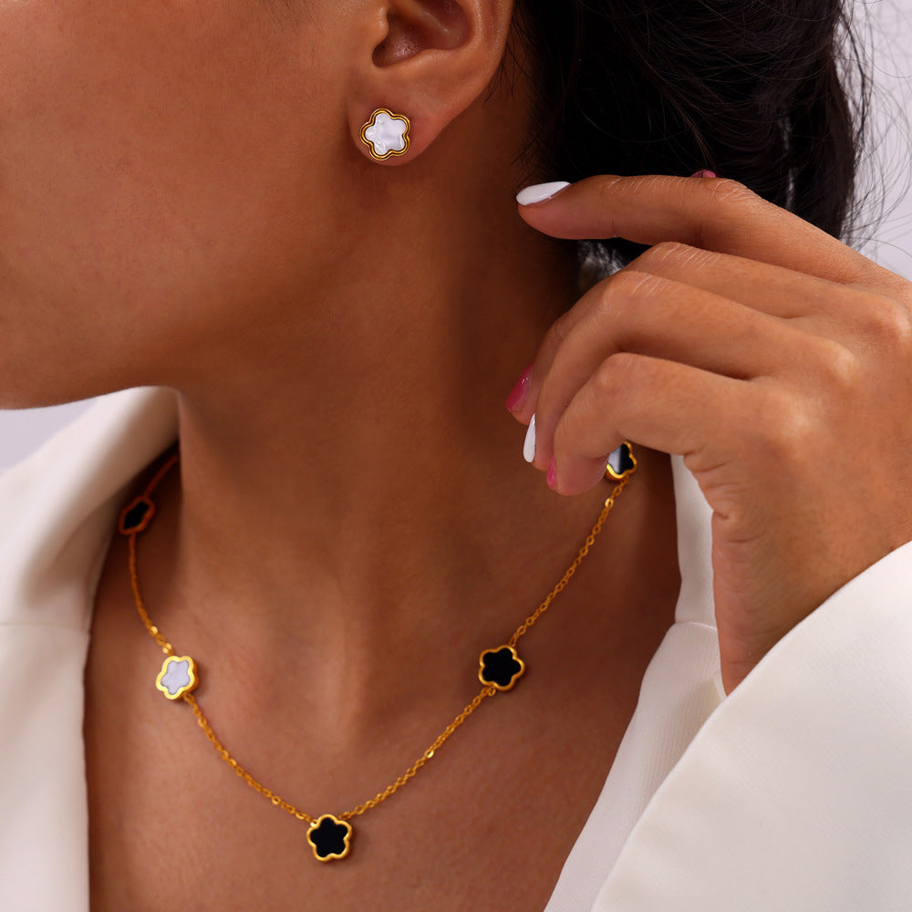 Unik Inlaid with white rock pentleaf flower shape titanium steel Earrings + Necklace + Bracelet