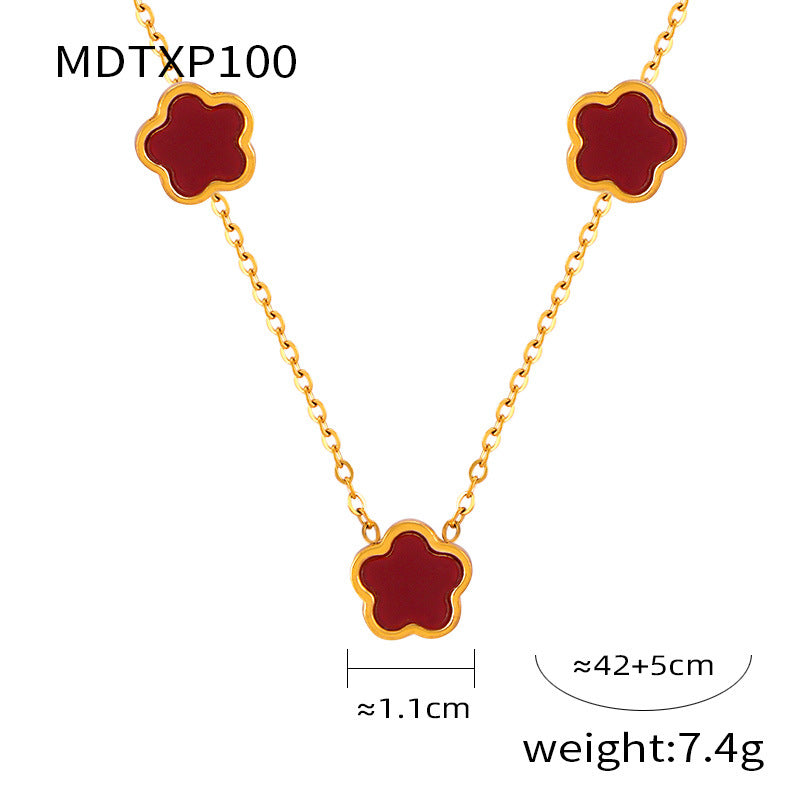 Unik Inlaid with white rock pentleaf flower shape titanium steel Earrings + Necklace + Bracelet