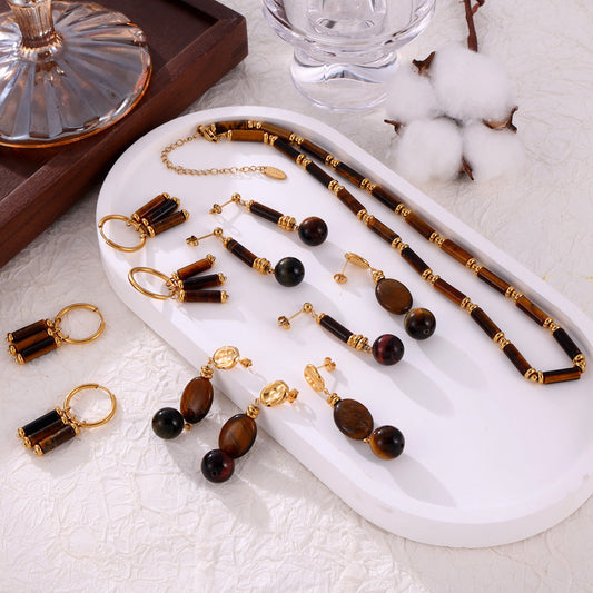 Unik Jewelry tiger eye stone beaded titanium steel gold plated