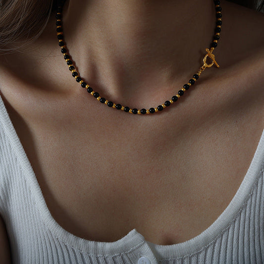 Unik Black agate beaded titanium steel gold-plated OT buckle necklace
