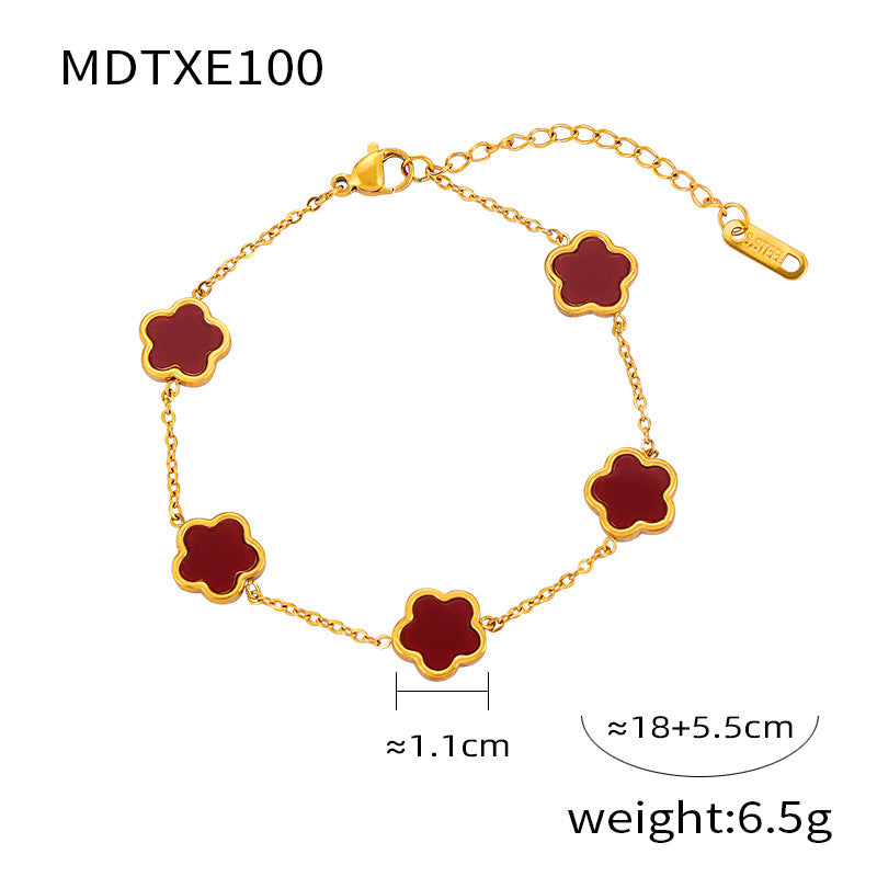 Unik Inlaid with white rock pentleaf flower shape titanium steel Earrings + Necklace + Bracelet