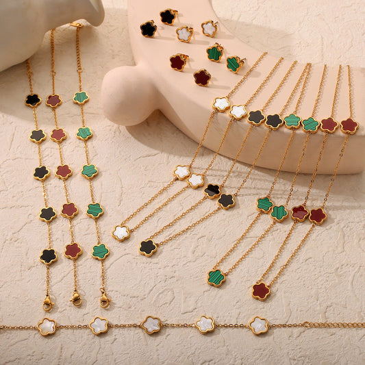 Unik Inlaid with white rock pentleaf flower shape titanium steel Earrings + Necklace + Bracelet