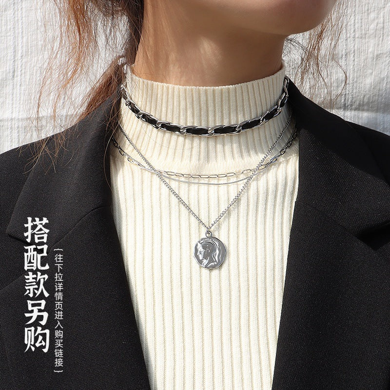 Unik Leather rope ring chain collar bone titanium steel plated 18K necklace