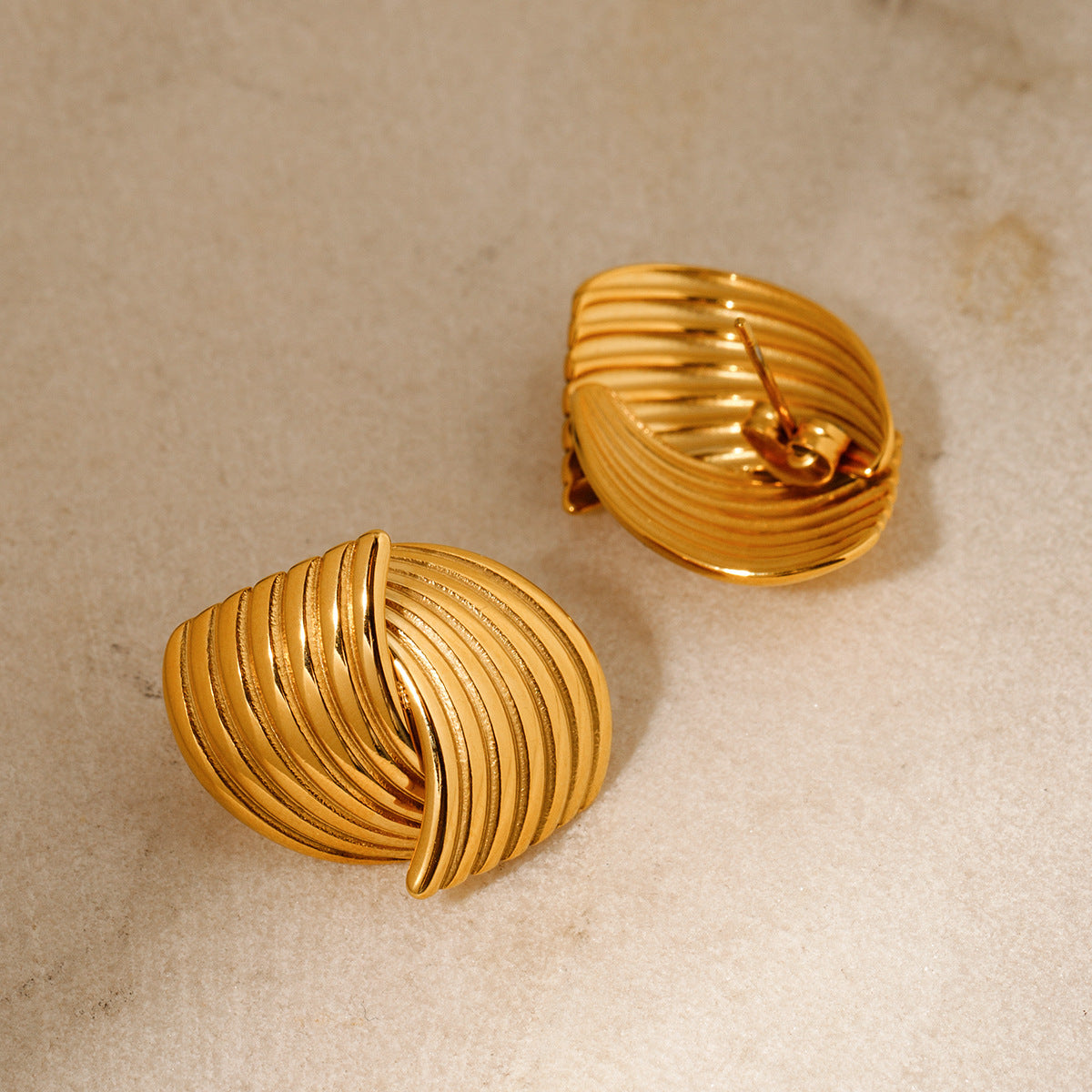 Unik 18-karat gold plated stainless steel interlaced earrings with stripe texture