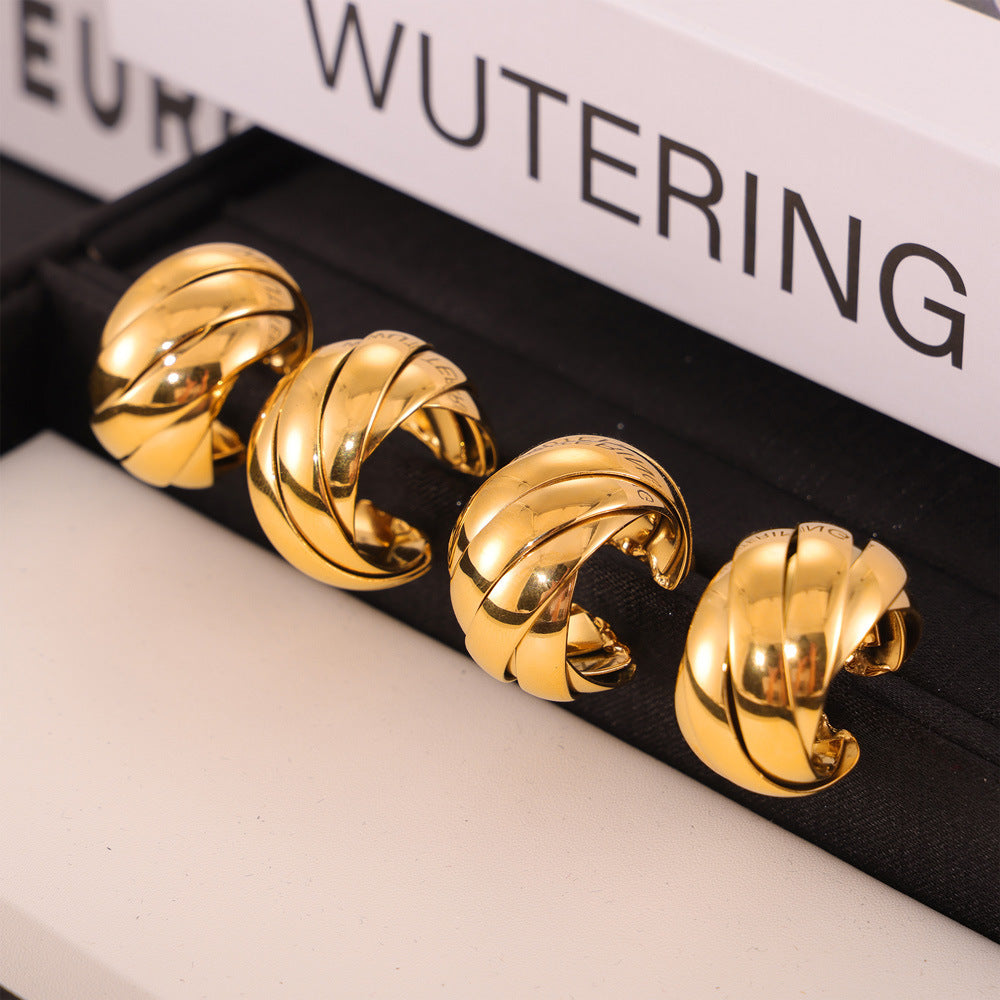 Unik Steel gold plated earrings irregular twist braided ear buckle color preservation